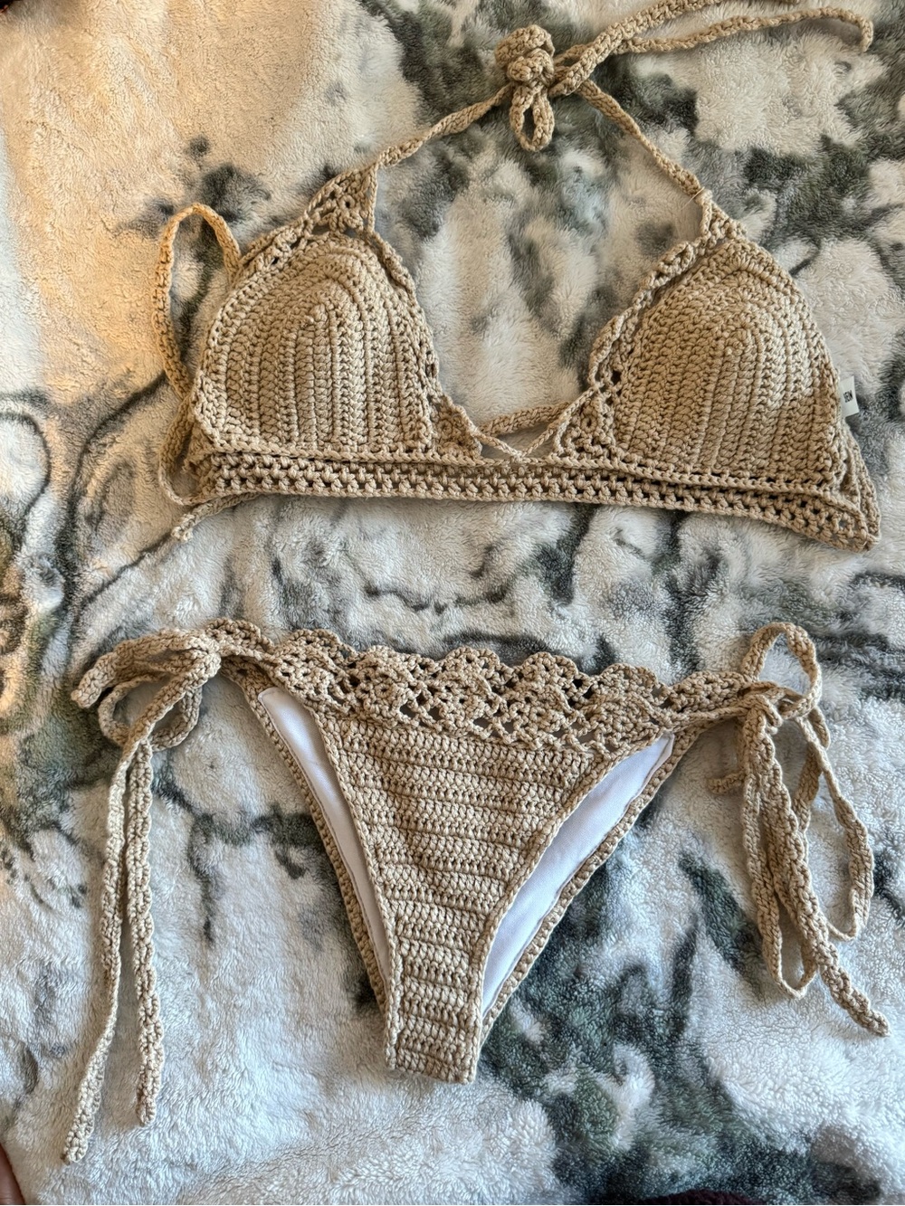 SHEIN Beige Crochet Tie-Side Bikini Set - Women Swim